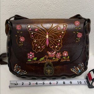 Brown Hand-Painted Butterfly Leather Crossbody Bag with Pink Accents